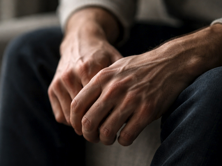 Close-up of tense hands resting on a lap representing anxiety, hypervigilance, and a nervous system stuck in survival mode.